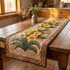 Handgequilt Tafelloper met Drie‑Laags Constructie en Appliqué Motieven