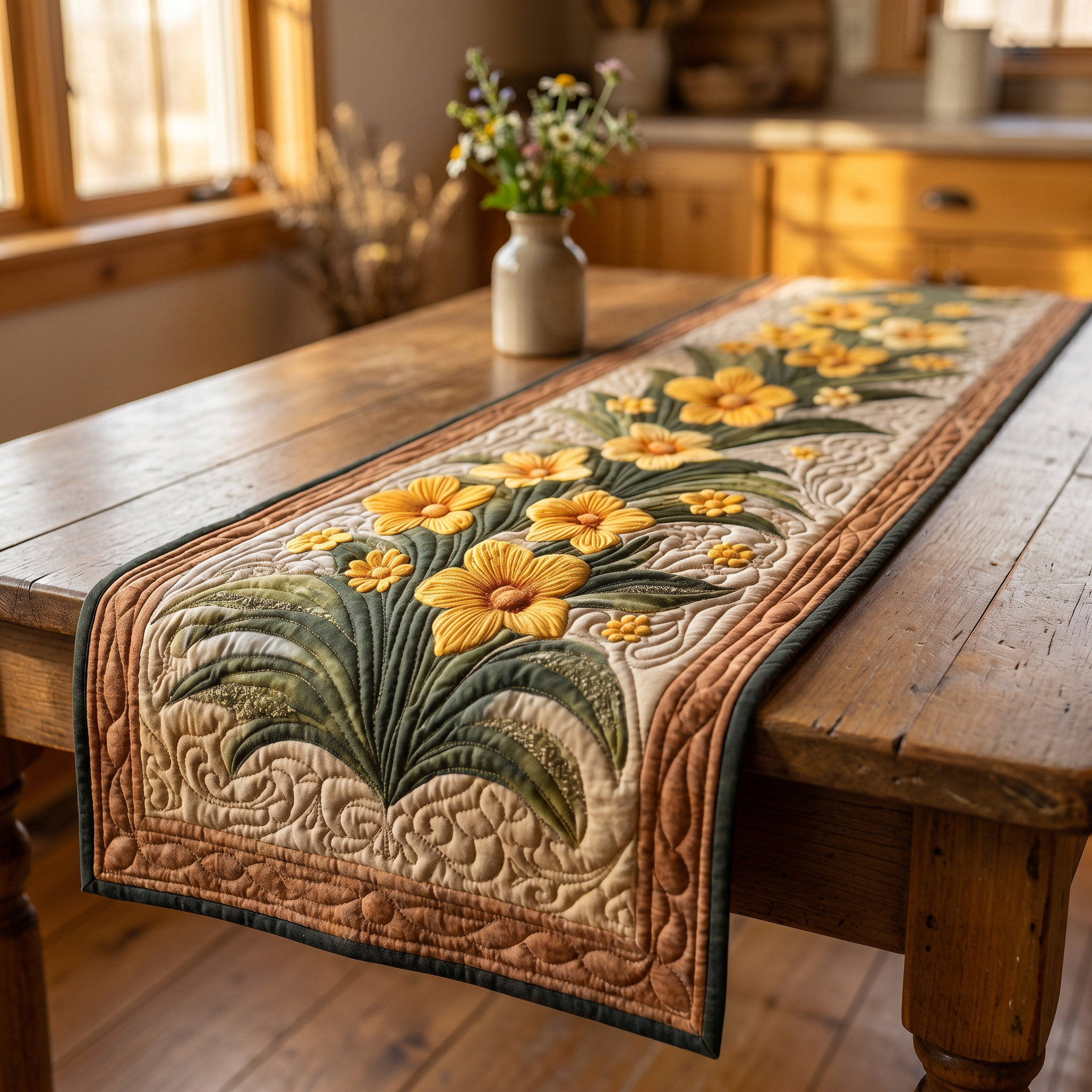 Handgequilt Tafelloper met Drie‑Laags Constructie en Appliqué Motieven