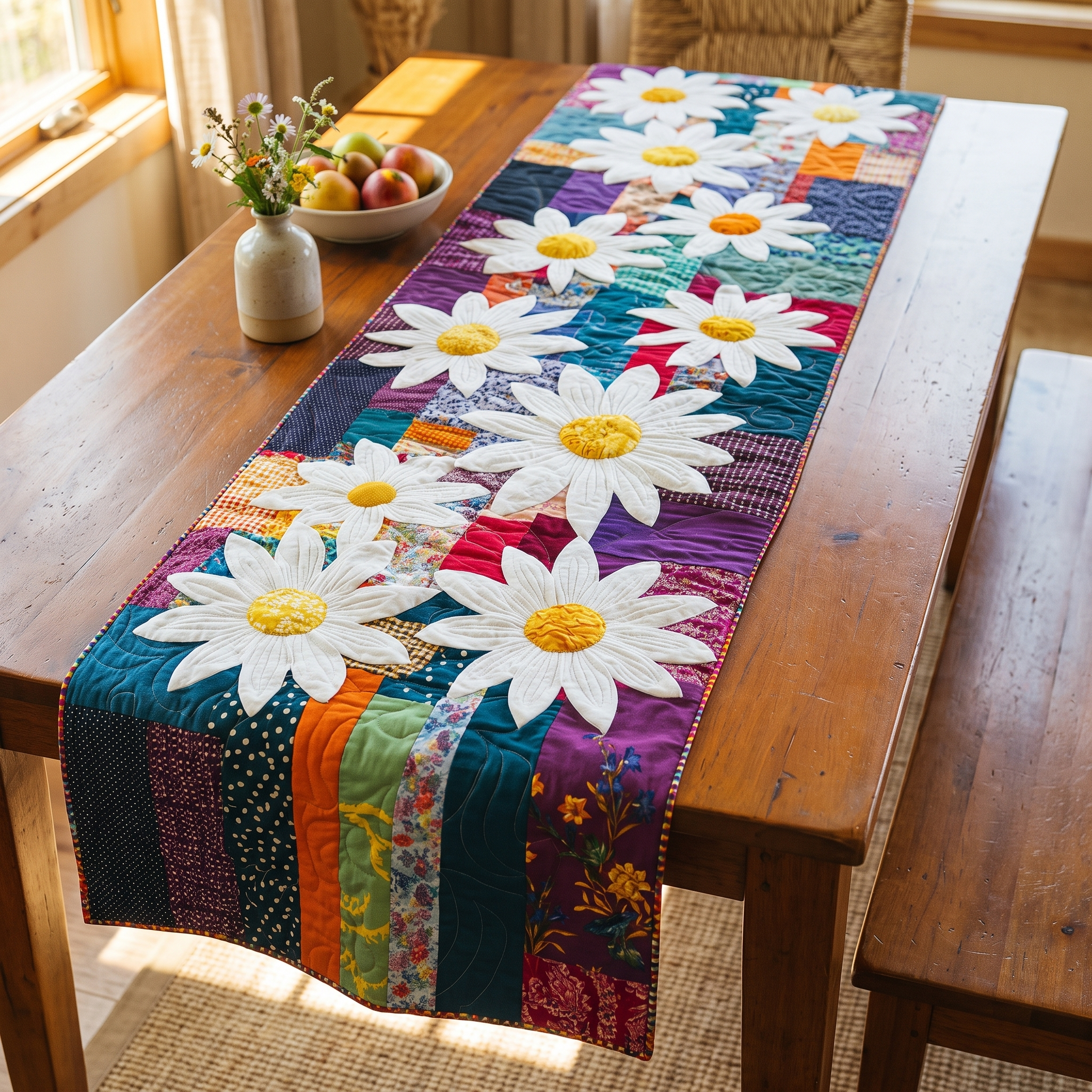 Handgequilt Tafelloper met Drie‑Laags Constructie en Appliqué Motieven