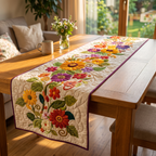 Handgequilt Tafelloper met Drie‑Laags Constructie en Appliqué Motieven