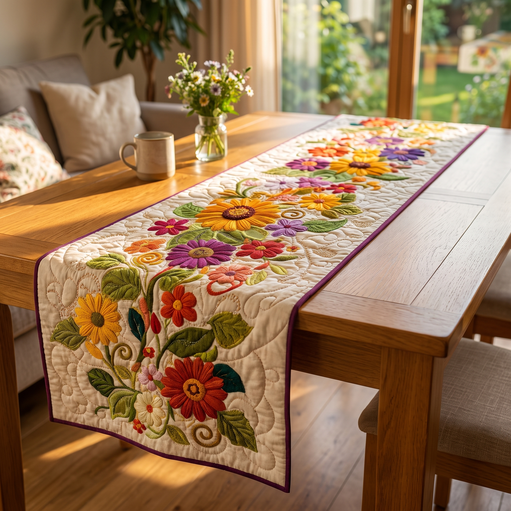Handgequilt Tafelloper met Drie‑Laags Constructie en Appliqué Motieven