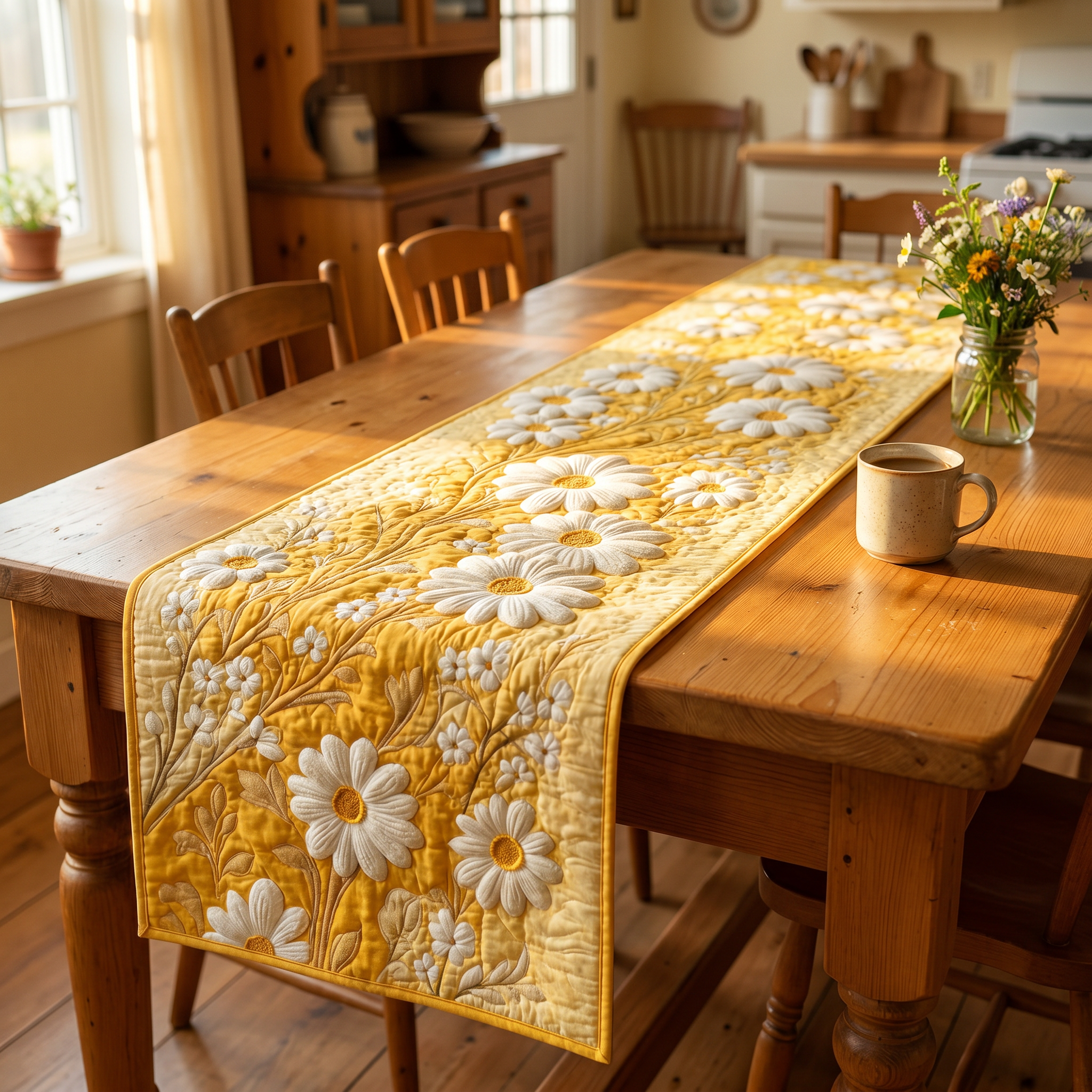 Handgequilt Tafelloper met Drie‑Laags Constructie en Appliqué Motieven