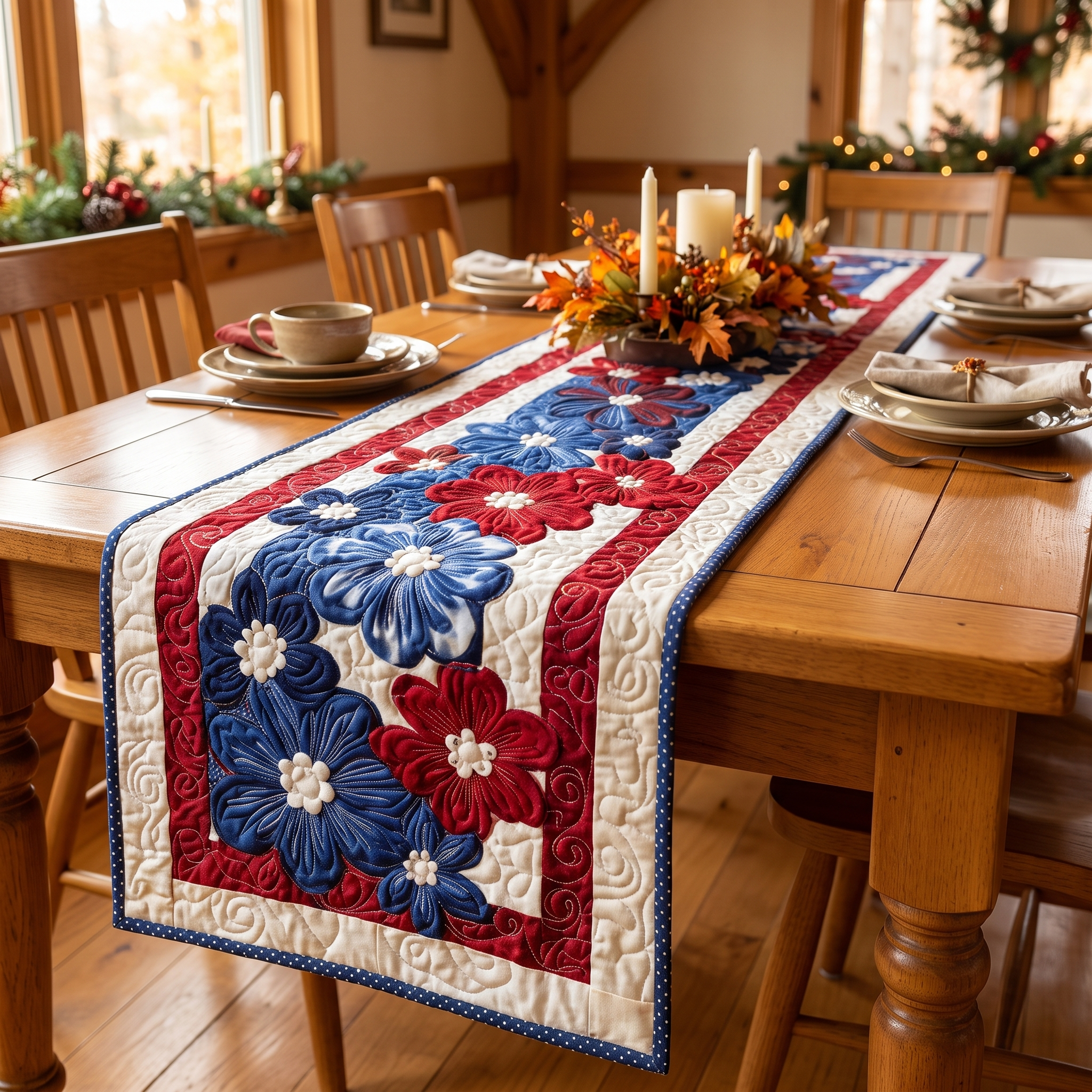 Handgequilt Tafelloper met Drie‑Laags Constructie en Appliqué Motieven