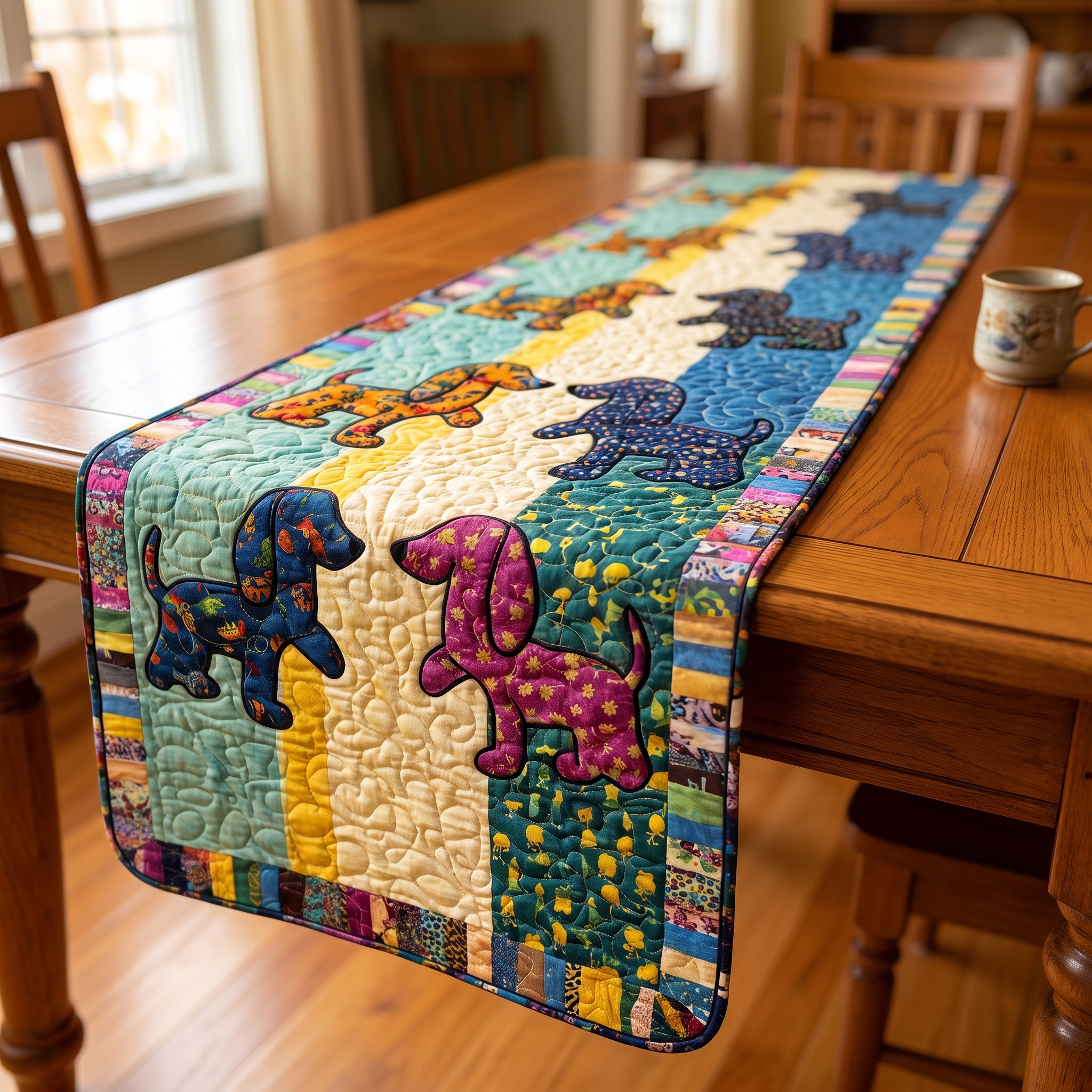 Handgequilt Tafelloper met Drie‑Laags Constructie en Appliqué Motieven