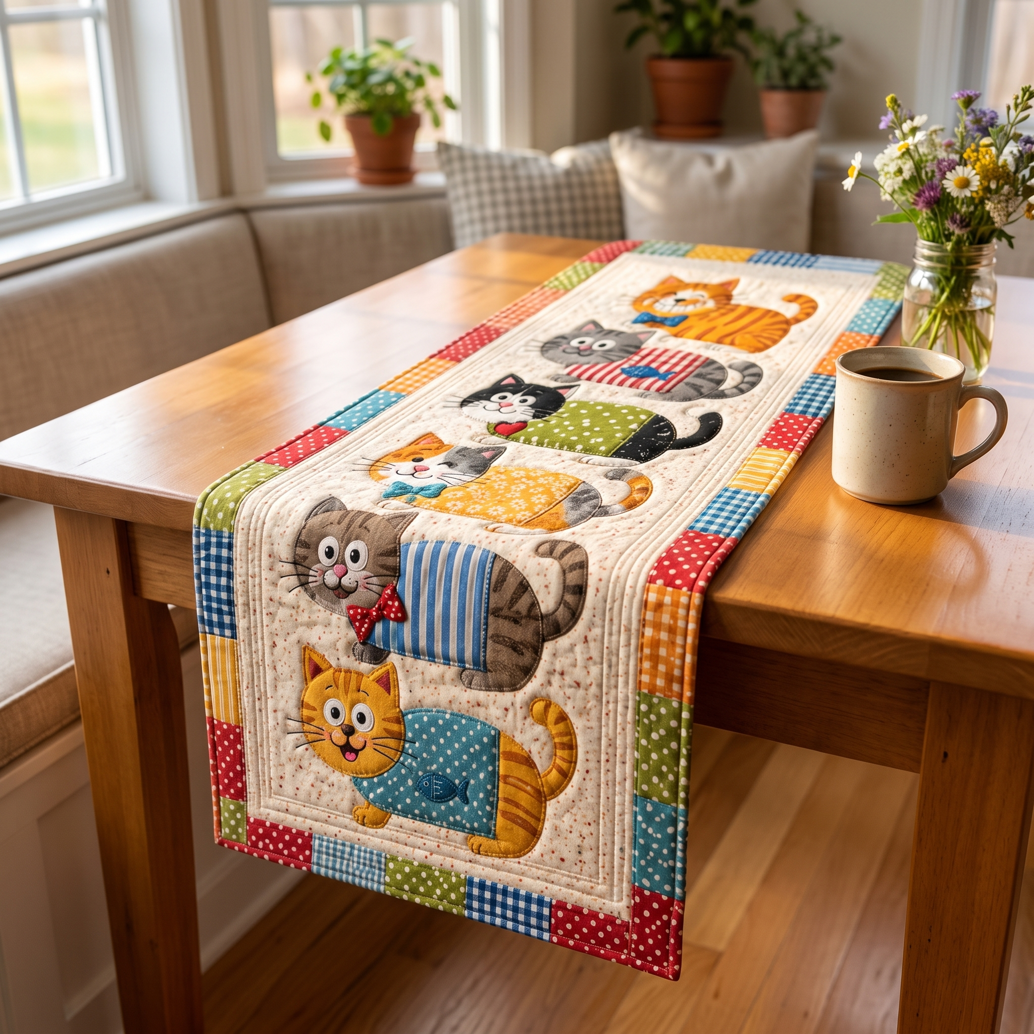 Handgequilt Tafelloper met Drie‑Laags Constructie en Appliqué Motieven