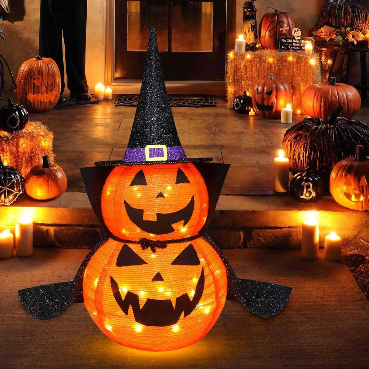 Halloween Pompoenset Twee Stuks 3 Ft Met Ledverlichting En Inklapbaar Ontwerp