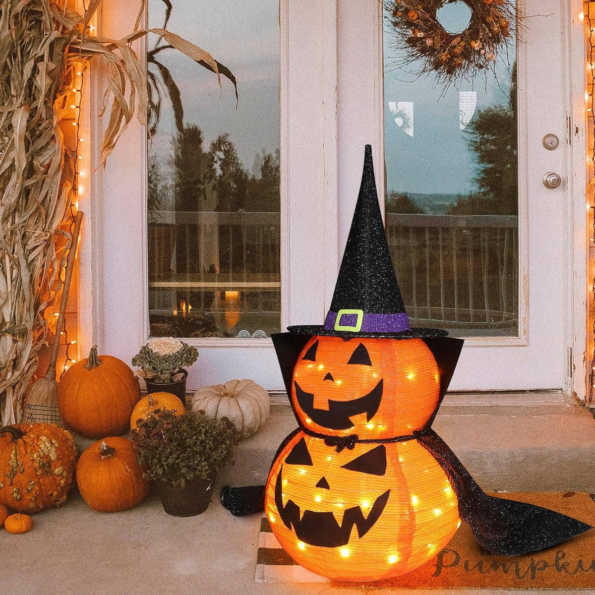 Halloween Pompoenset Twee Stuks 3 Ft Met Ledverlichting En Inklapbaar Ontwerp