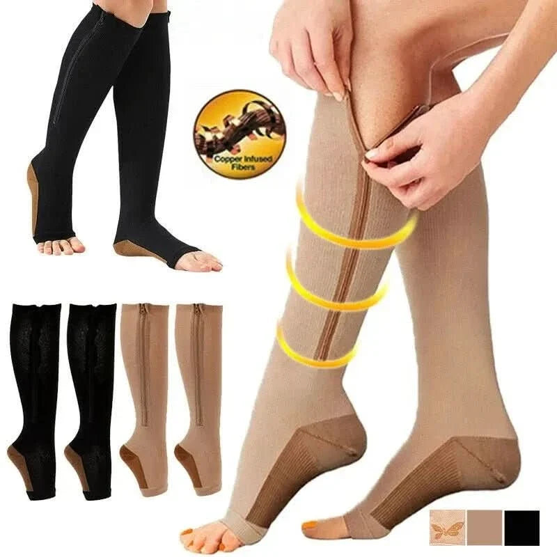 Unisex Compressiekousen met Rits en Therapeutische Ondersteuning voor Dagelijks Gebruik