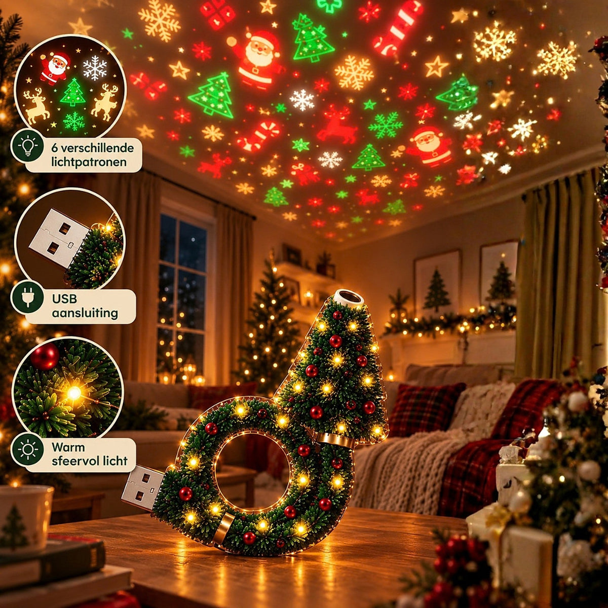 USB Kerstprojector met 6 Feestelijke Lichtpatronen