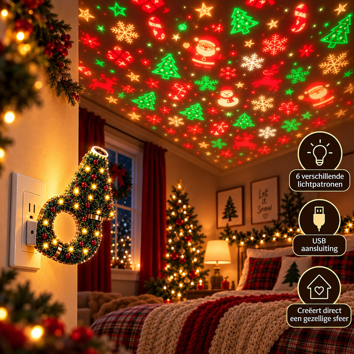 USB Kerstprojector met 6 Feestelijke Lichtpatronen
