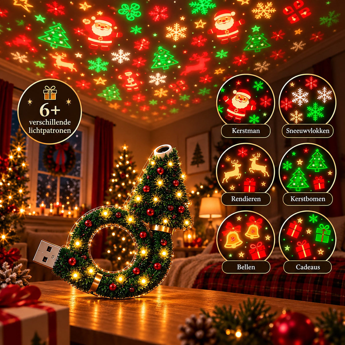 USB Kerstprojector met 6 Feestelijke Lichtpatronen