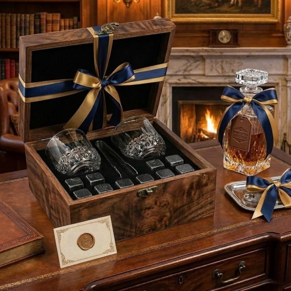 Whiskeyset met Kristallen Glazen en Granieten Koelstenen in Houten Geschenkdoos