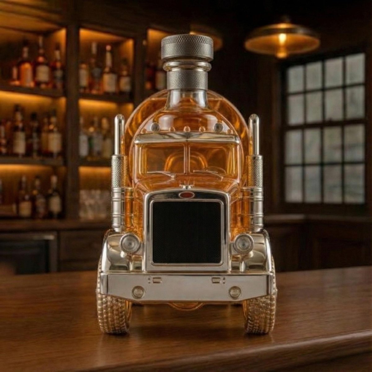 Voertuigvormige Whiskykaraf met Massieve Glazen Constructie voor Karaktervolle Presentatie