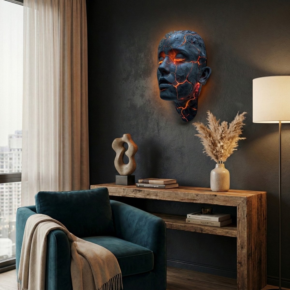 Sculpturale Wanddecoratie met Gloeiende Fissuren en Composietstructuur