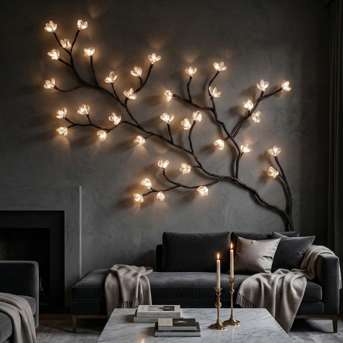 Wandsculptuur met Alabaster Bloesems en Warm Licht voor Poëtische Ruimteaccenten