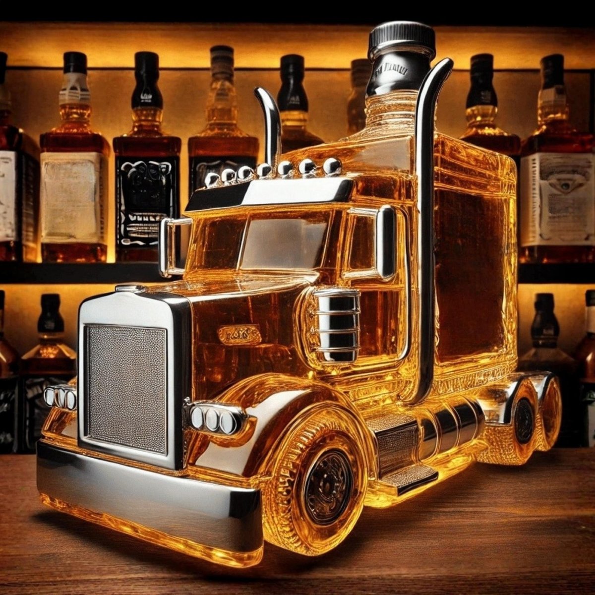 Voertuigvormige Whiskykaraf met Massieve Glazen Constructie voor Karaktervolle Presentatie