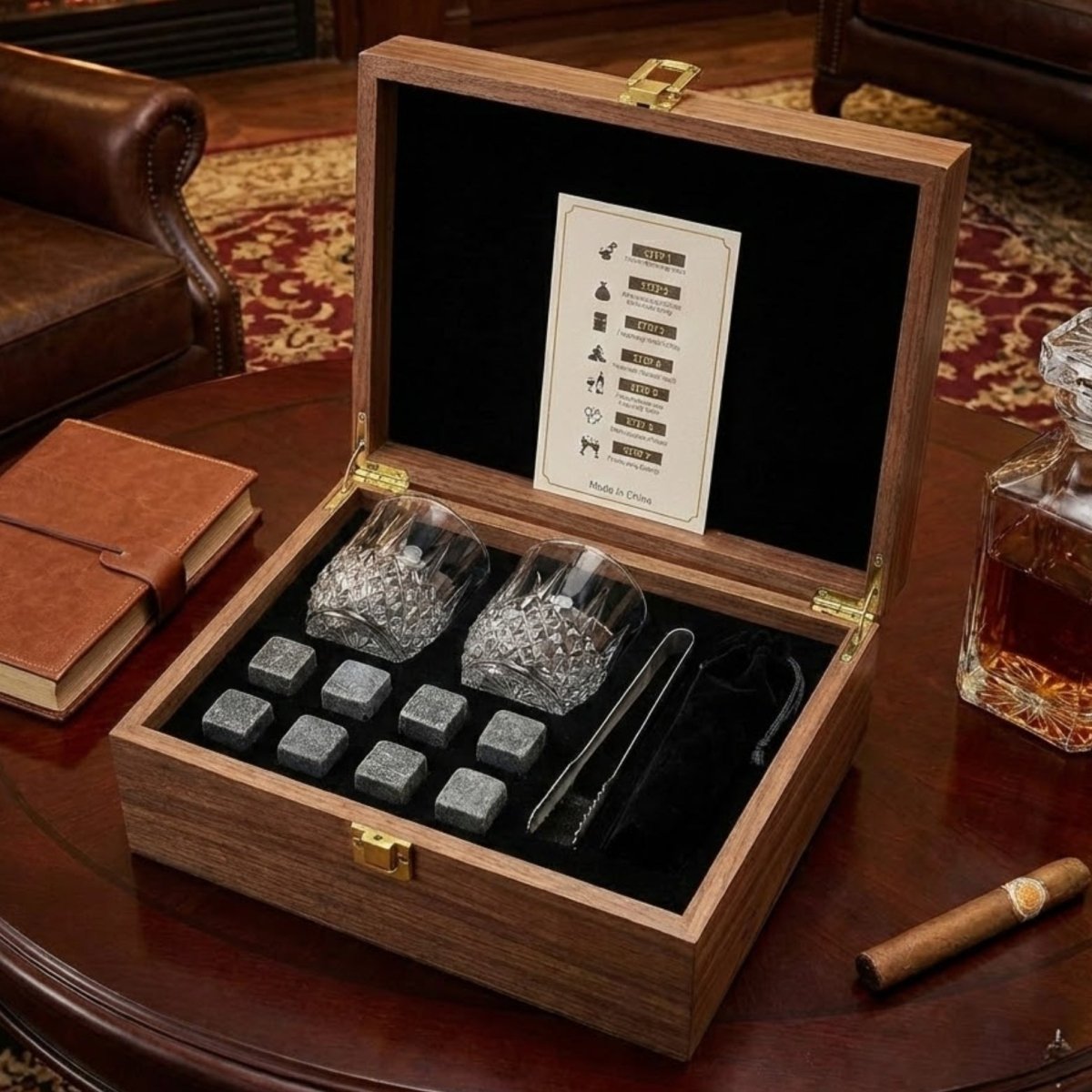 Whiskeyset met Kristallen Glazen en Granieten Koelstenen in Houten Geschenkdoos