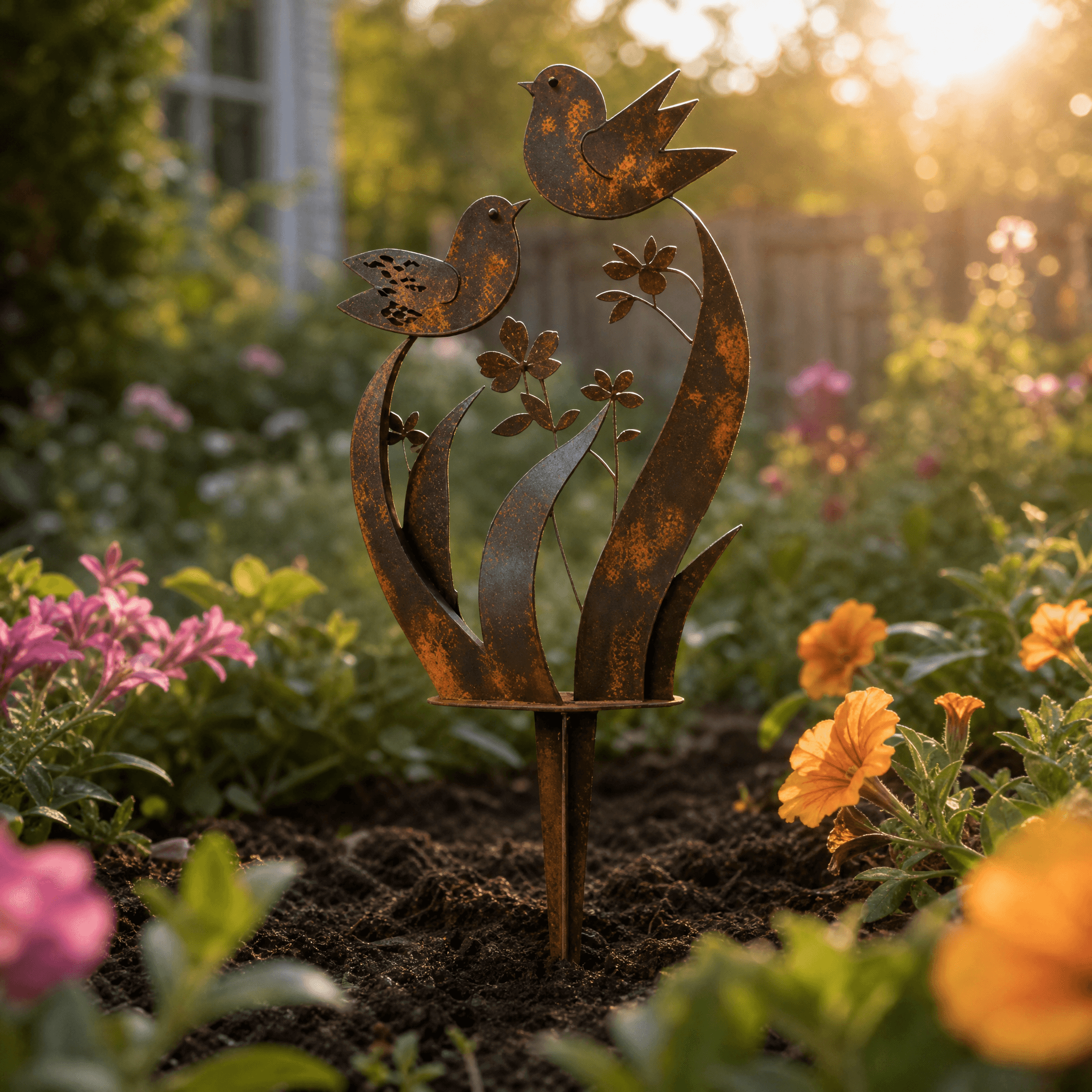Tuinprikker IJzer Rustfinish Vogel Bloemmotief Decoratief Ontwerp