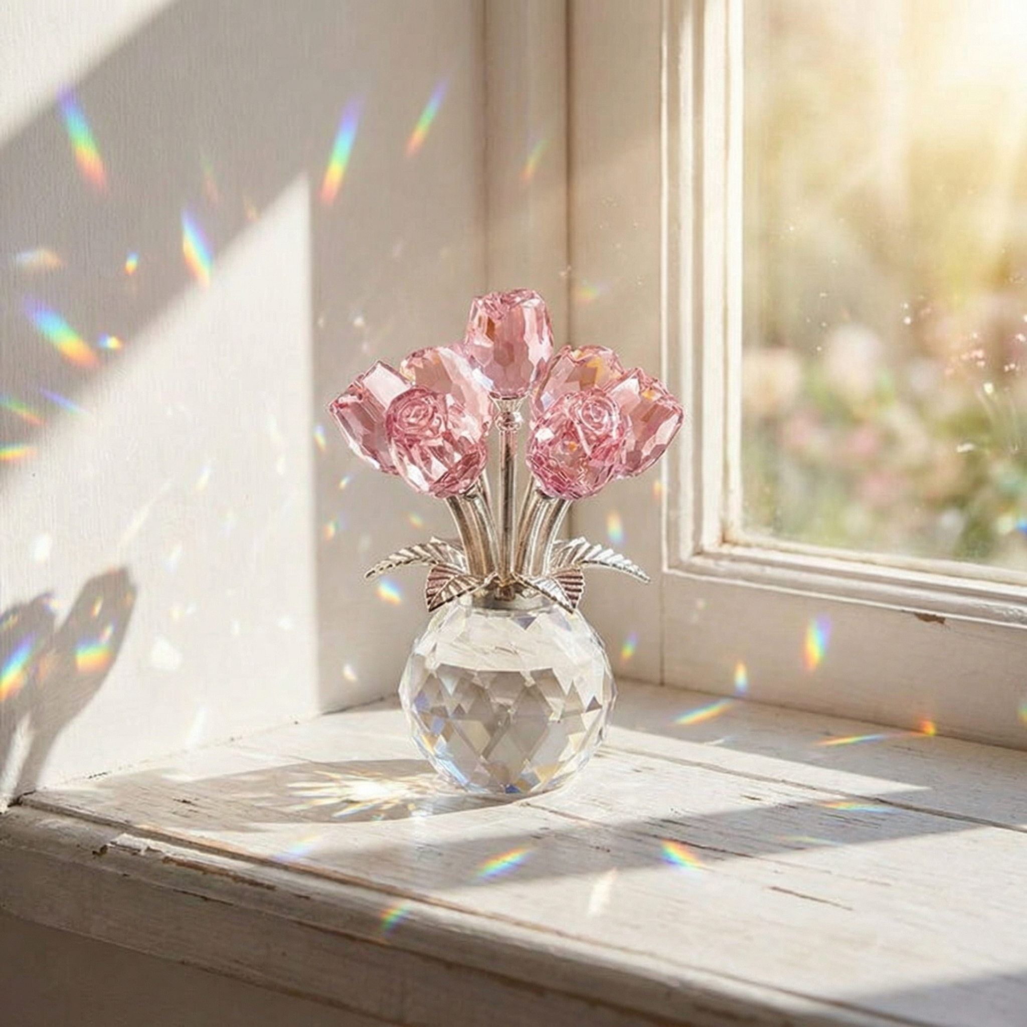 Kristallen Rozen Glas Facetvaas Regenboogreflectie Decoratief Ontwerp