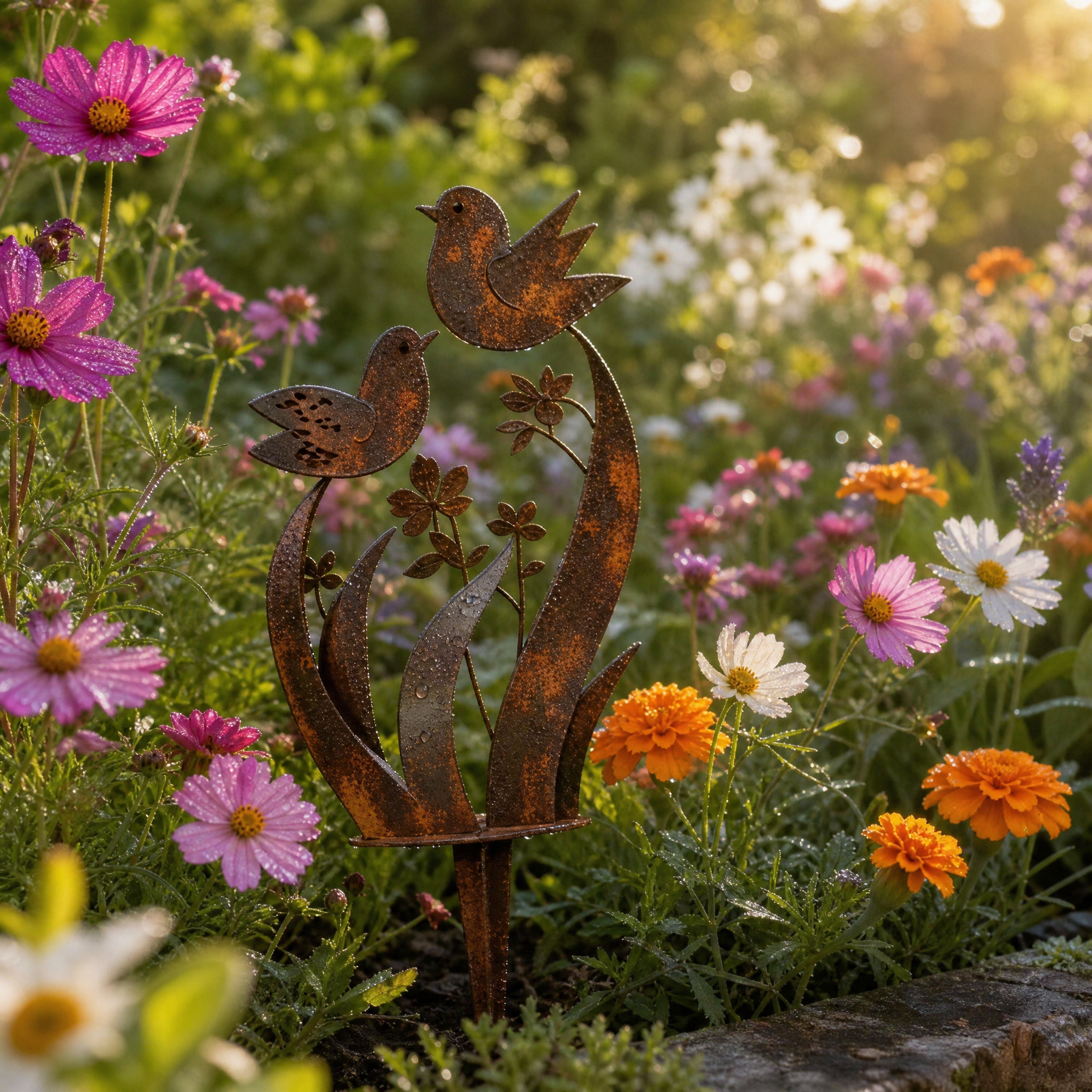 Tuinprikker IJzer Rustfinish Vogel Bloemmotief Decoratief Ontwerp