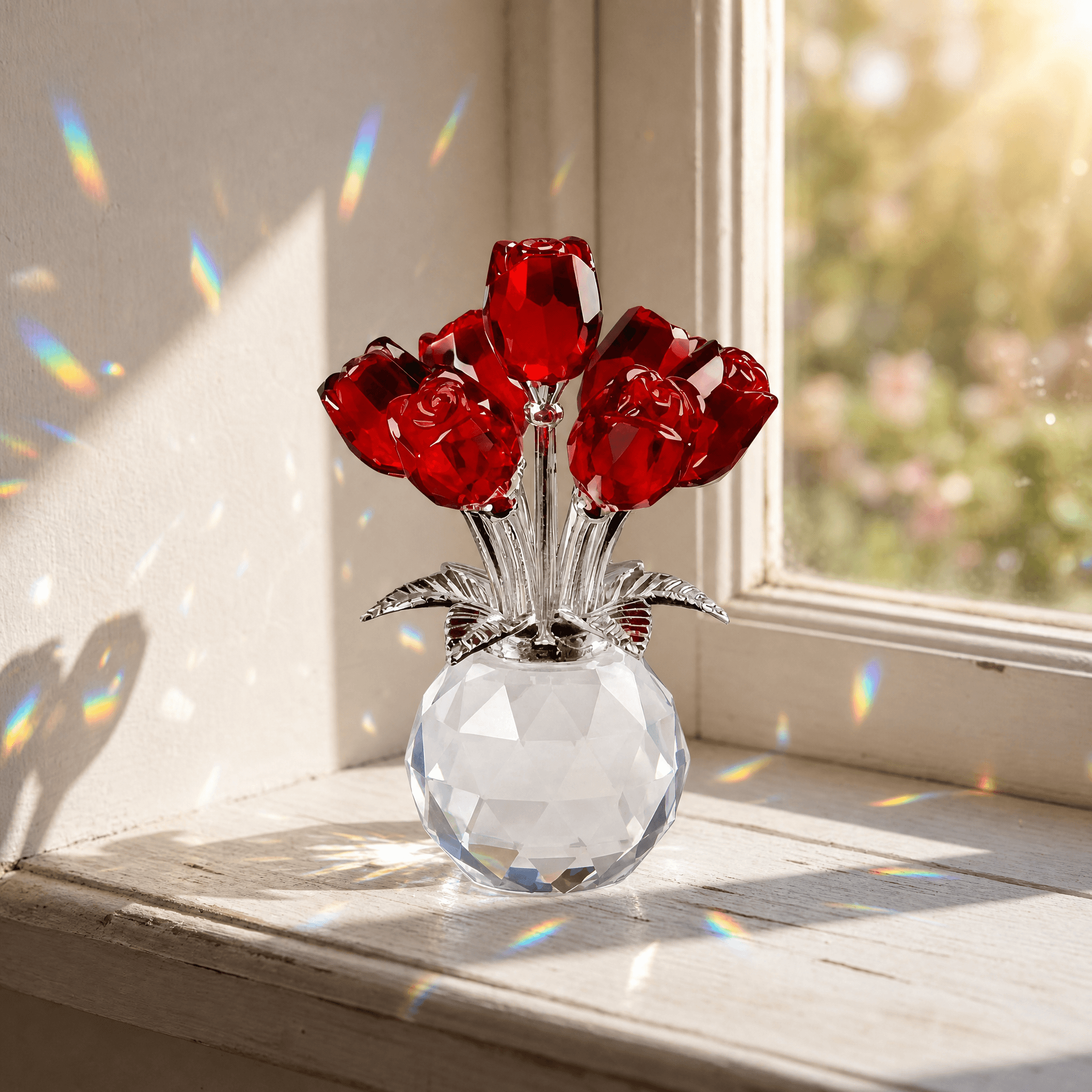 Kristallen Rozen Glas Facetvaas Regenboogreflectie Decoratief Ontwerp