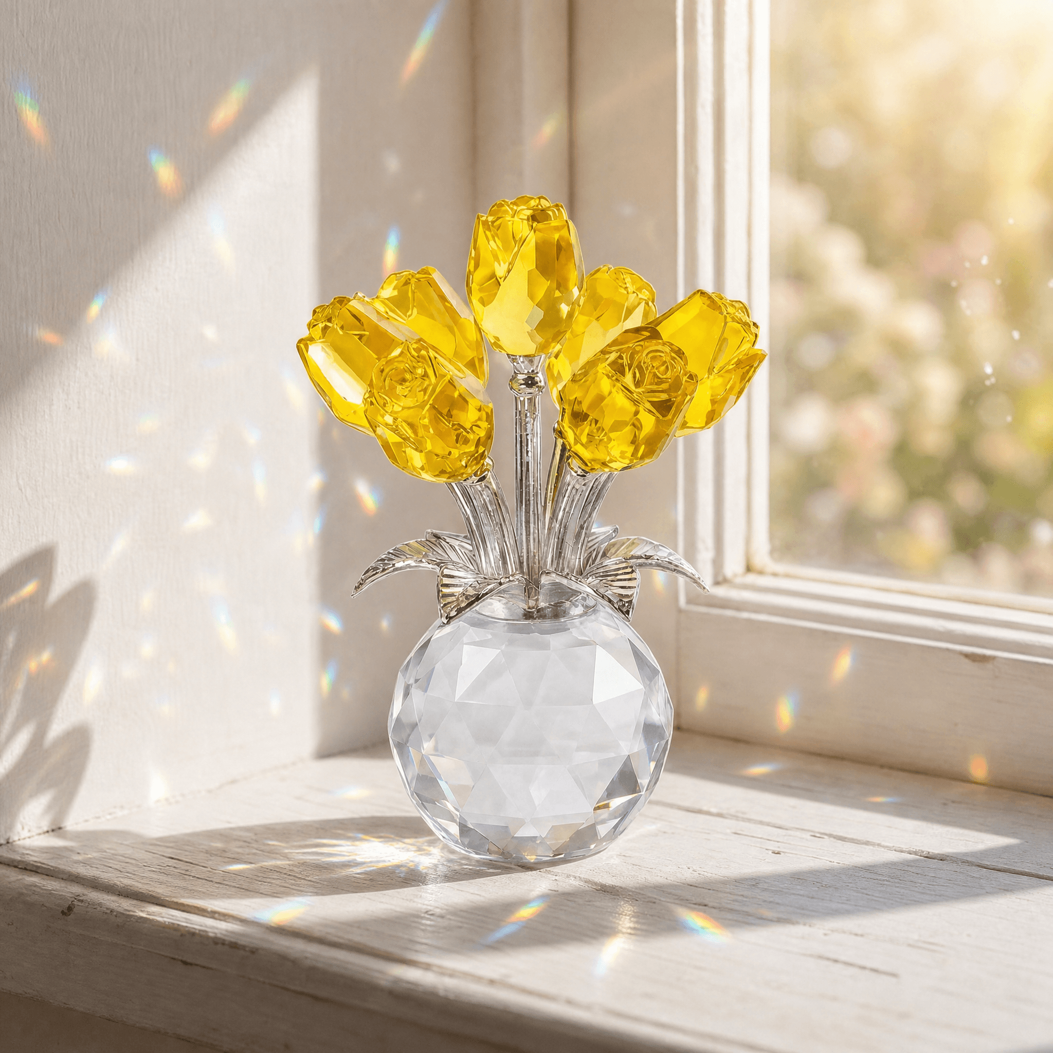 Kristallen Rozen Glas Facetvaas Regenboogreflectie Decoratief Ontwerp