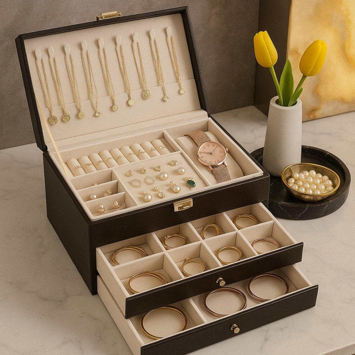 Luxe Sieradenorganizer met Drie Lagen, Lades en Velours Interieur voor Geordende Collecties