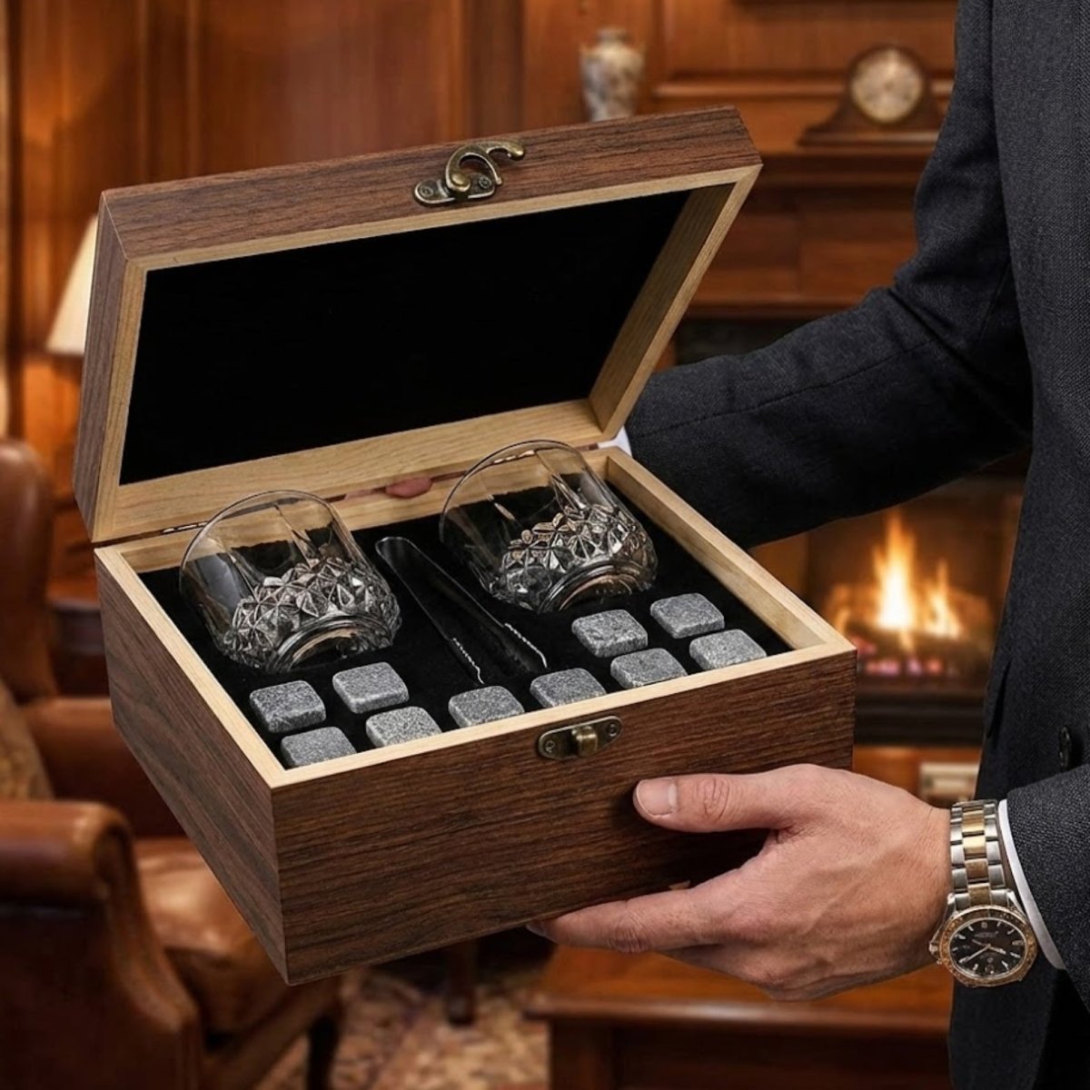 Whiskeyset met Kristallen Glazen en Granieten Koelstenen in Houten Geschenkdoos