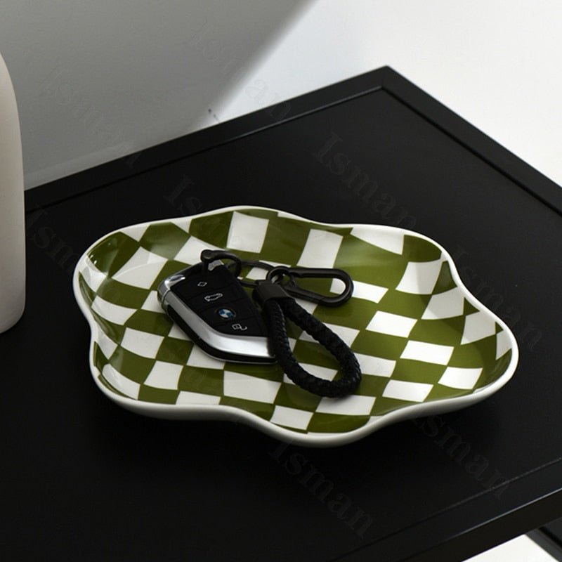 Keramische Opbergtray Met Grafisch Ruitpatroon En Moderne Uitstraling