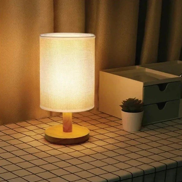 Houten Tafellamp met Linnen Kap en Dimbaar Ledlicht