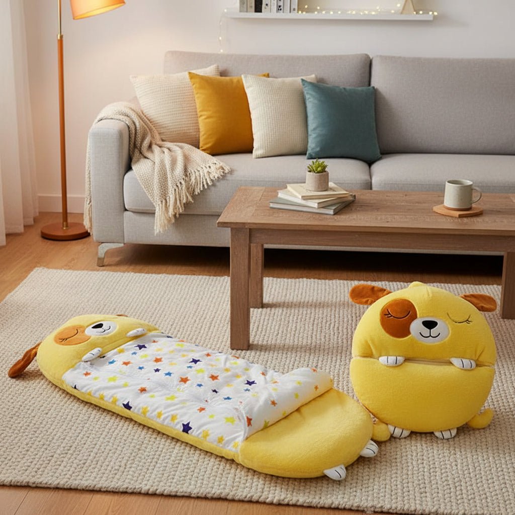 Kinder 2‑in‑1 Knuffel en Slaapzak met Zacht Textiel en Speels Ontwerp