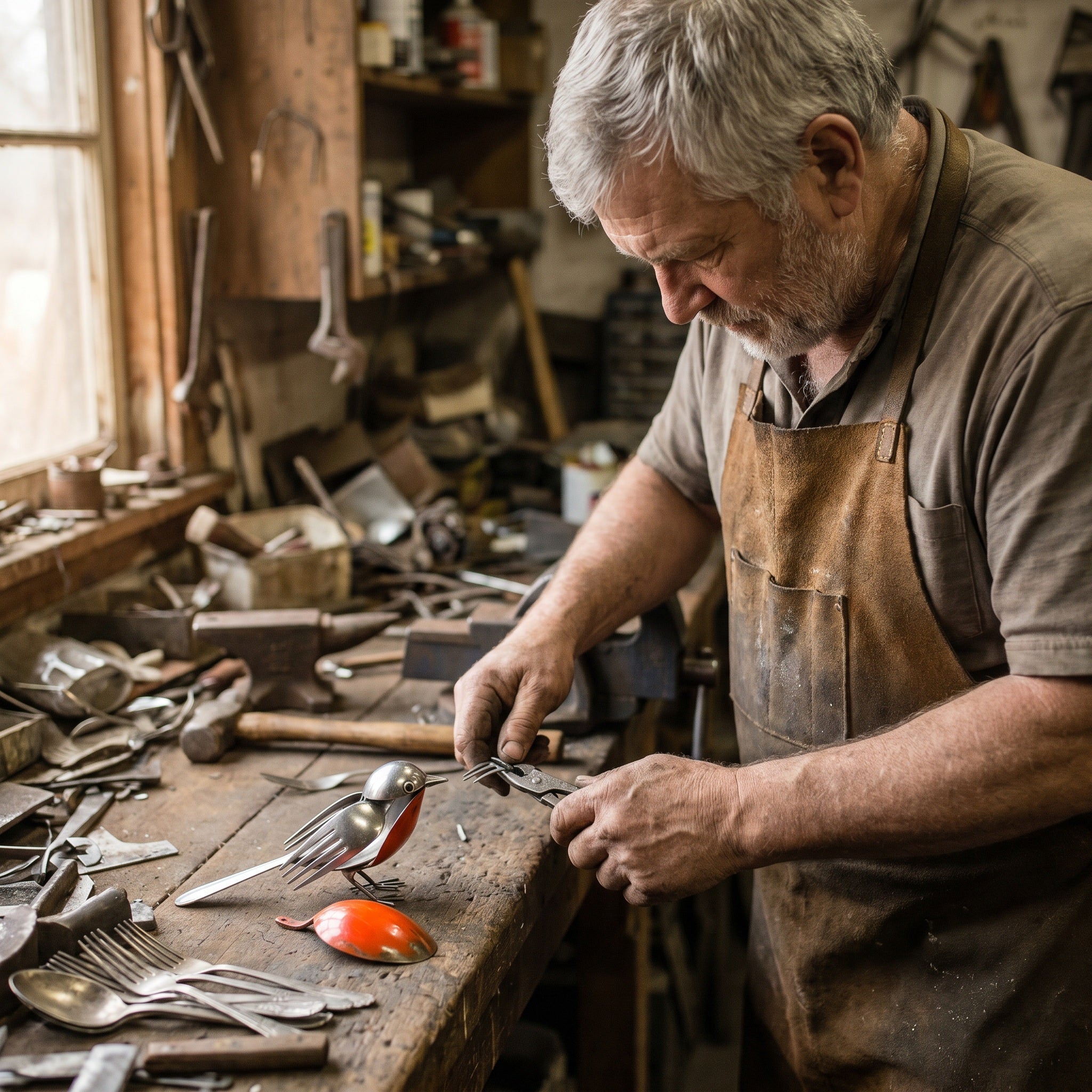 Metalen Robinsculptuur van Gerecycled Bestek met Handgevormde Details
