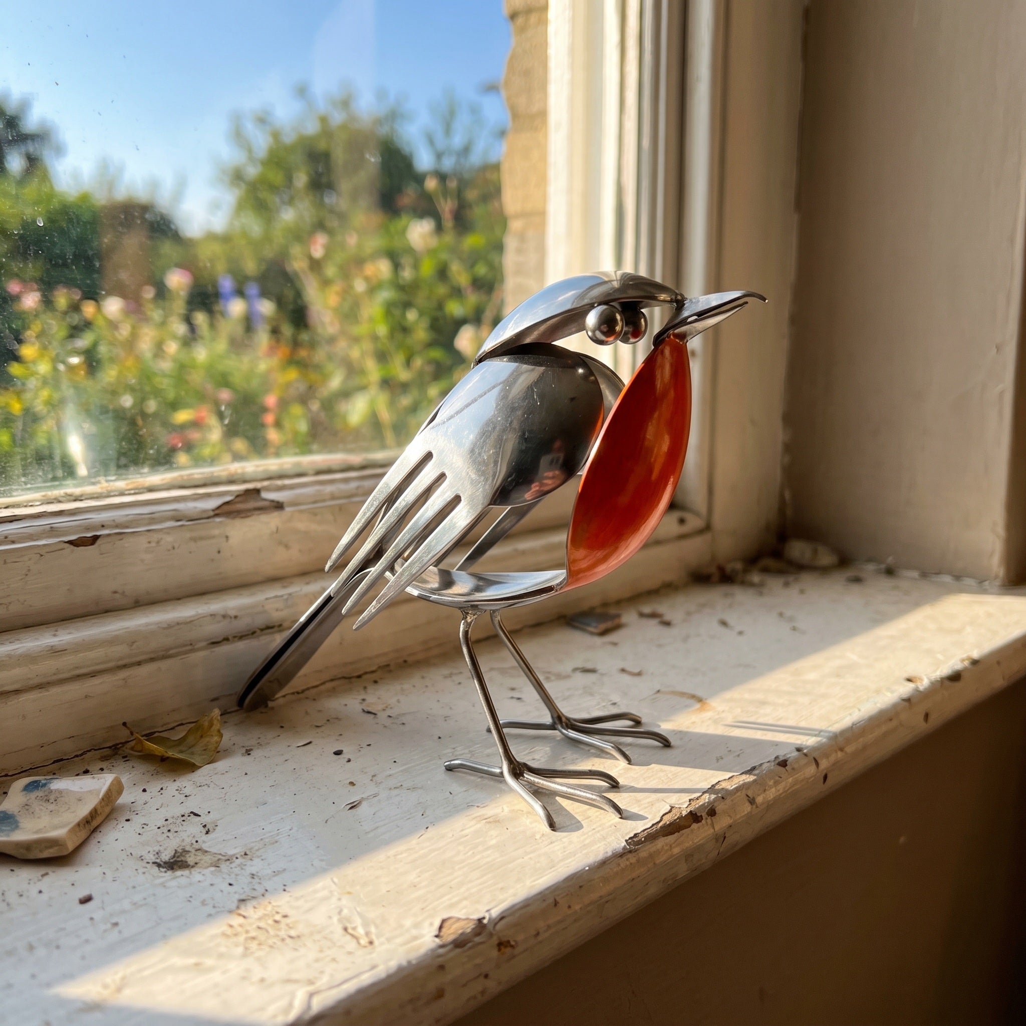 Metalen Robinsculptuur van Gerecycled Bestek met Handgevormde Details