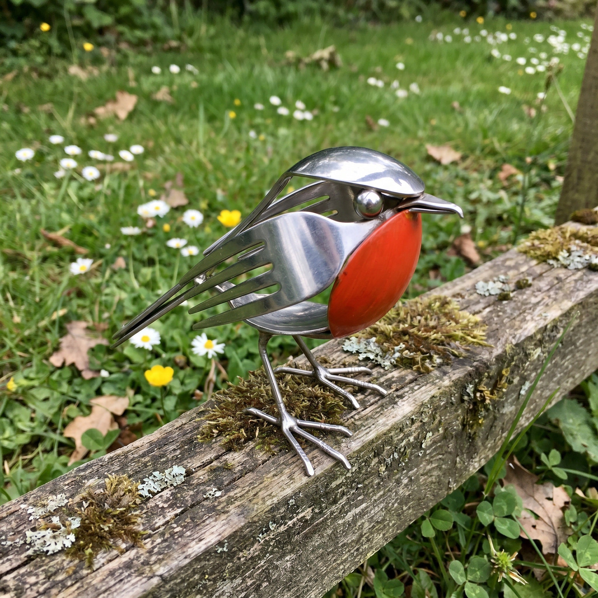 Metalen Robinsculptuur van Gerecycled Bestek met Handgevormde Details