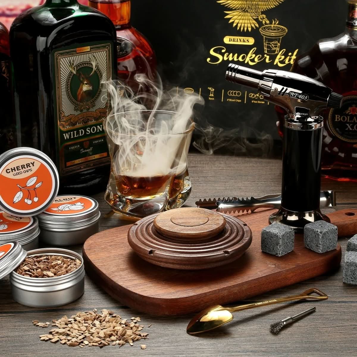 Eikenhouten Cocktailrookset met Vier Houtsnippers voor Rustige Smaaktoevoeging