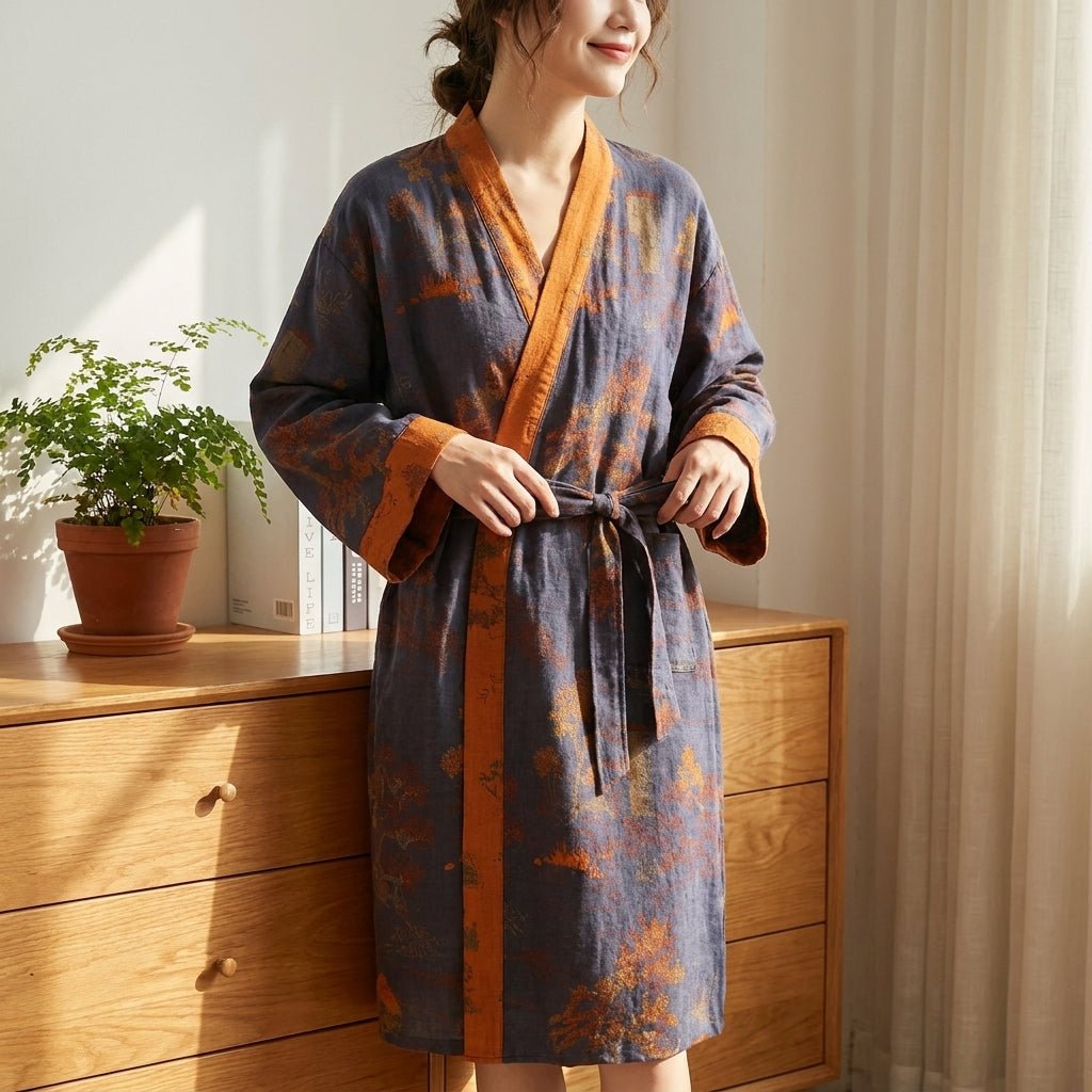 Lichte Katoenen Kimono Badjas Met Comfortabele Pasvorm En Bindceintuur