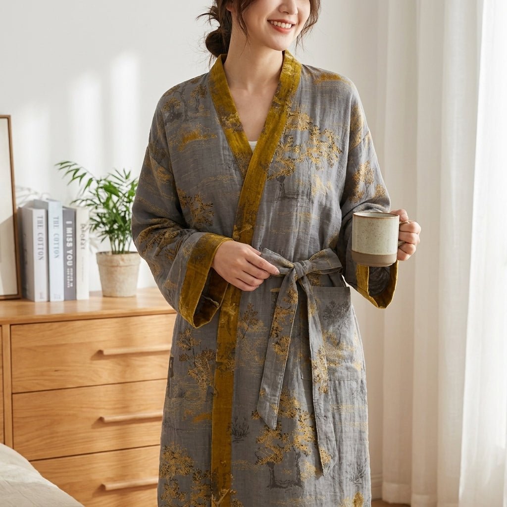 Lichte Katoenen Kimono Badjas Met Comfortabele Pasvorm En Bindceintuur